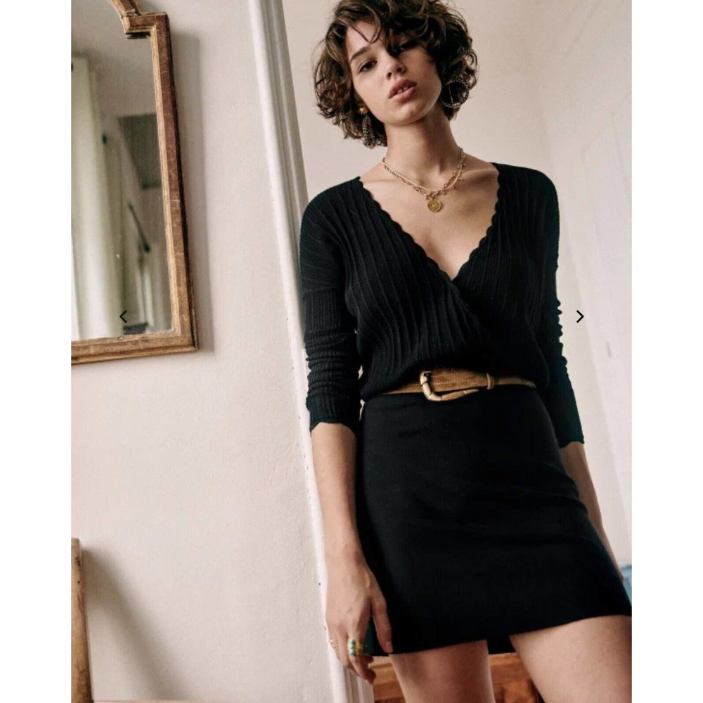 La Maille Sezane Cordelia Black Knit Scalloped V Neck Mini Dress XS